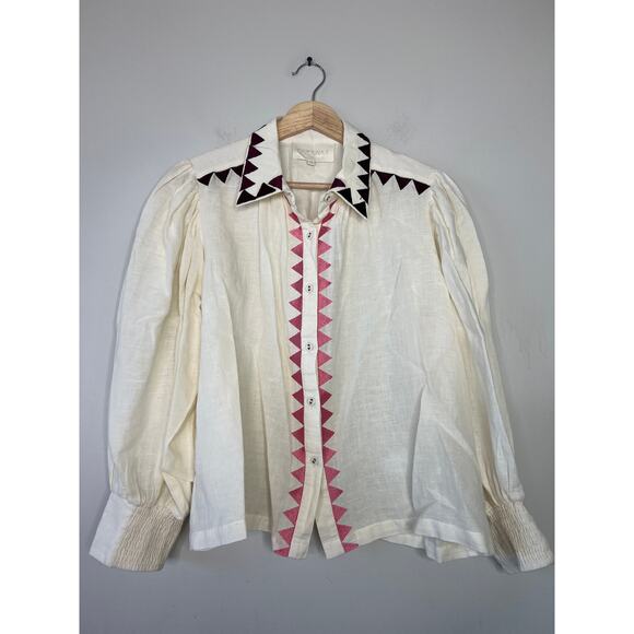 NEW Carolina K 3/4 Blouson Sleeves Button front K Elisa Cropped Blouse White - Picture 3 of 9